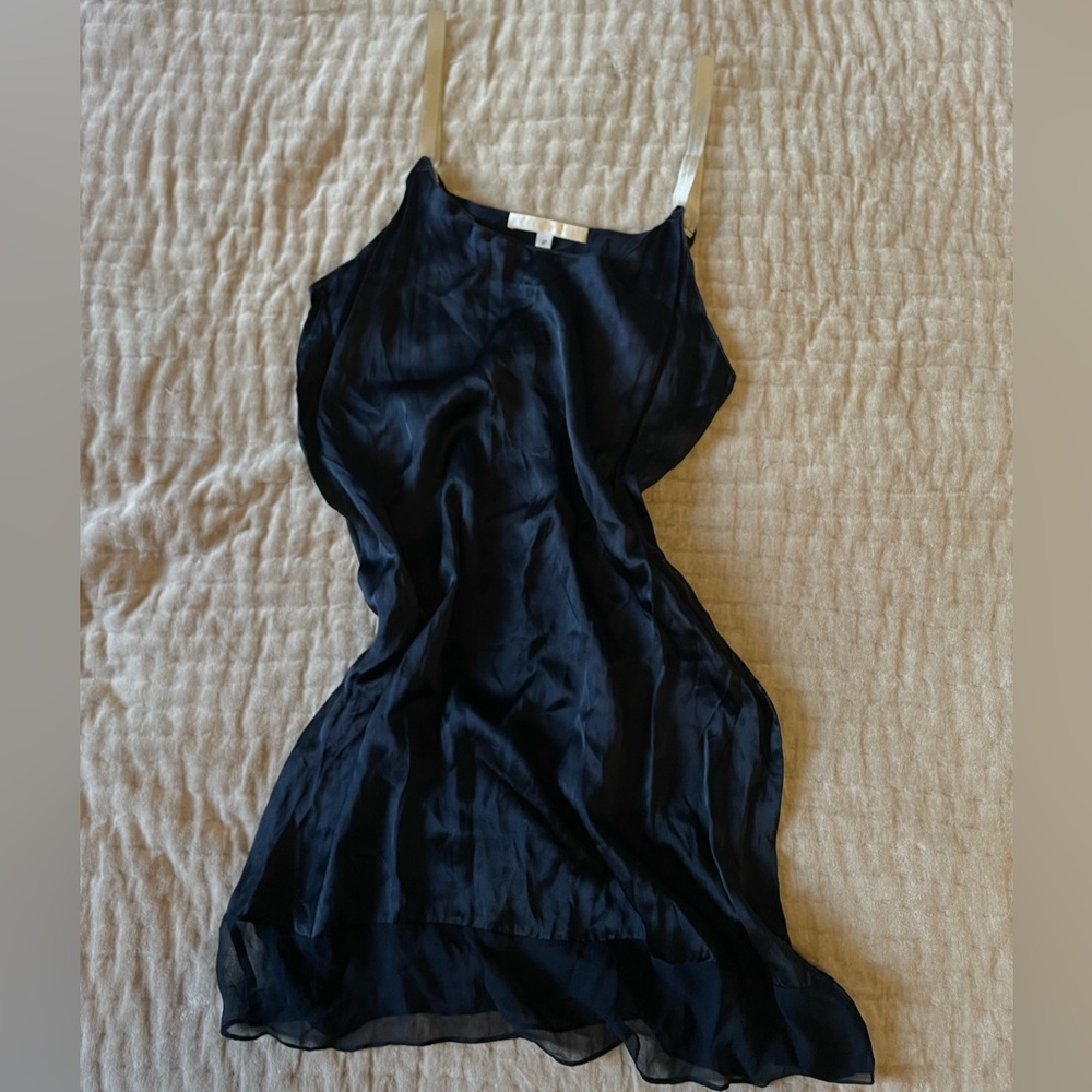 ERICA TANOV Rare Silk Slip Dress Midnight Blue Charmeuse Ribbon Straps 2